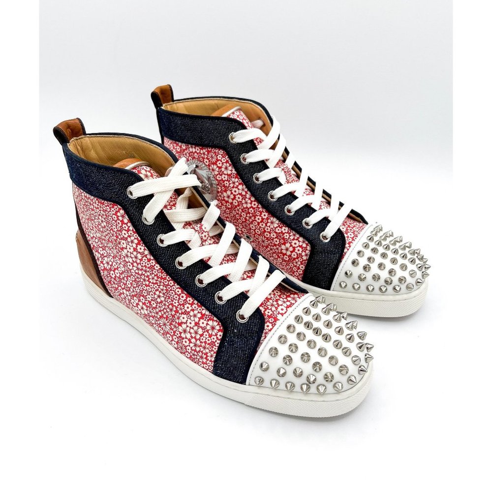 Mens Christian Louboutin Men's Spike Floral Print Denim High-Top Sneakers Sz 41